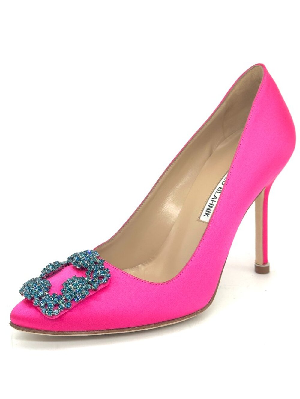 Manolo Blahnik HANGISI 105 Satin Jeweled Buckle Shoes Pumps Heels Pink